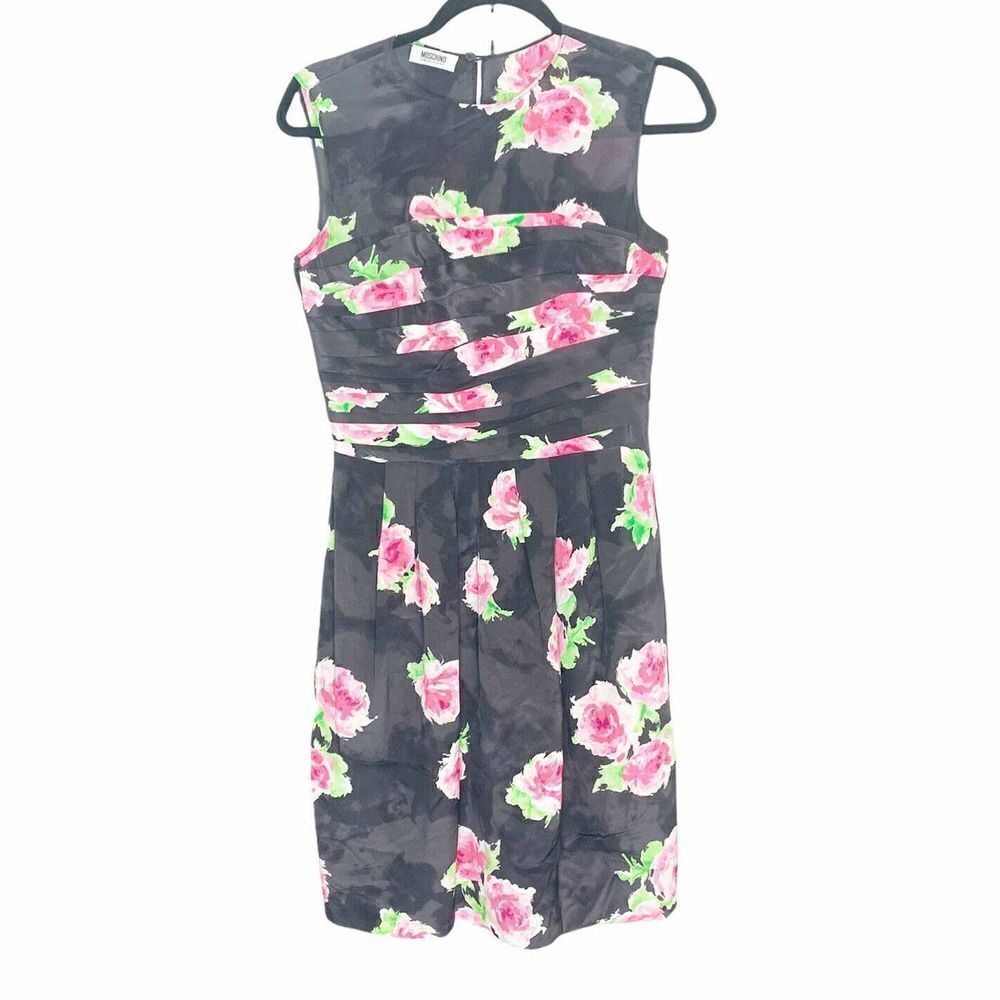 Moschino Black Sleeveless Dress Pink Rose Floral